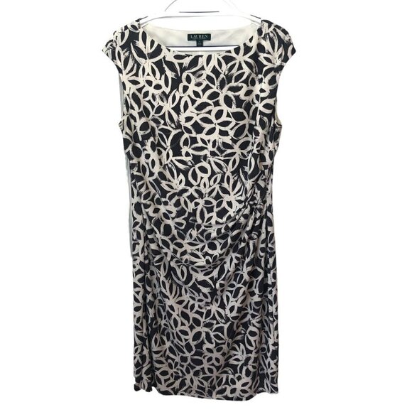 Ralph Lauren Gray Ivory Floral Sheath Dress Ruched Side Lined Cap Sleeve Size16 - Picture 1 of 10